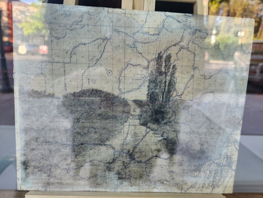 Ghost dwellings of Whitman County #2 - Emily Akin - 35mm photographic transfer, acrylic medium, salvaged map, wood panel