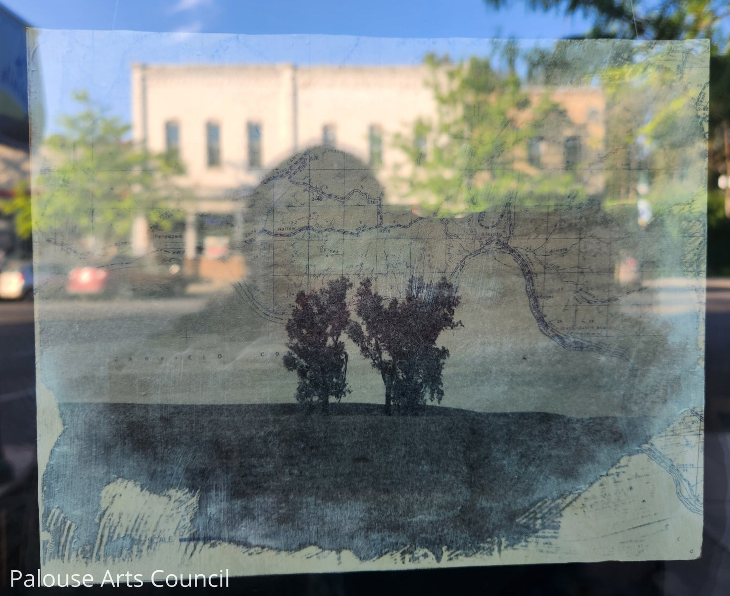 Ghost dwellings of Whitman County #5 - Emily Akin - 35mm photographic transfer, acrylic medium, salvaged map, wood panel