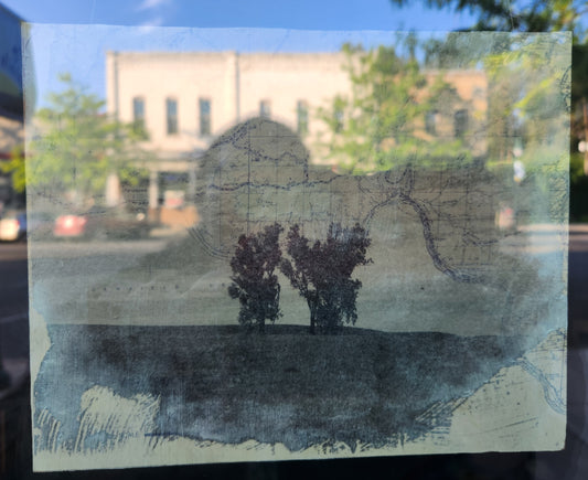 Ghost dwellings of Whitman County #5 - Emily Akin - 35mm photographic transfer, acrylic medium, salvaged map, wood panel