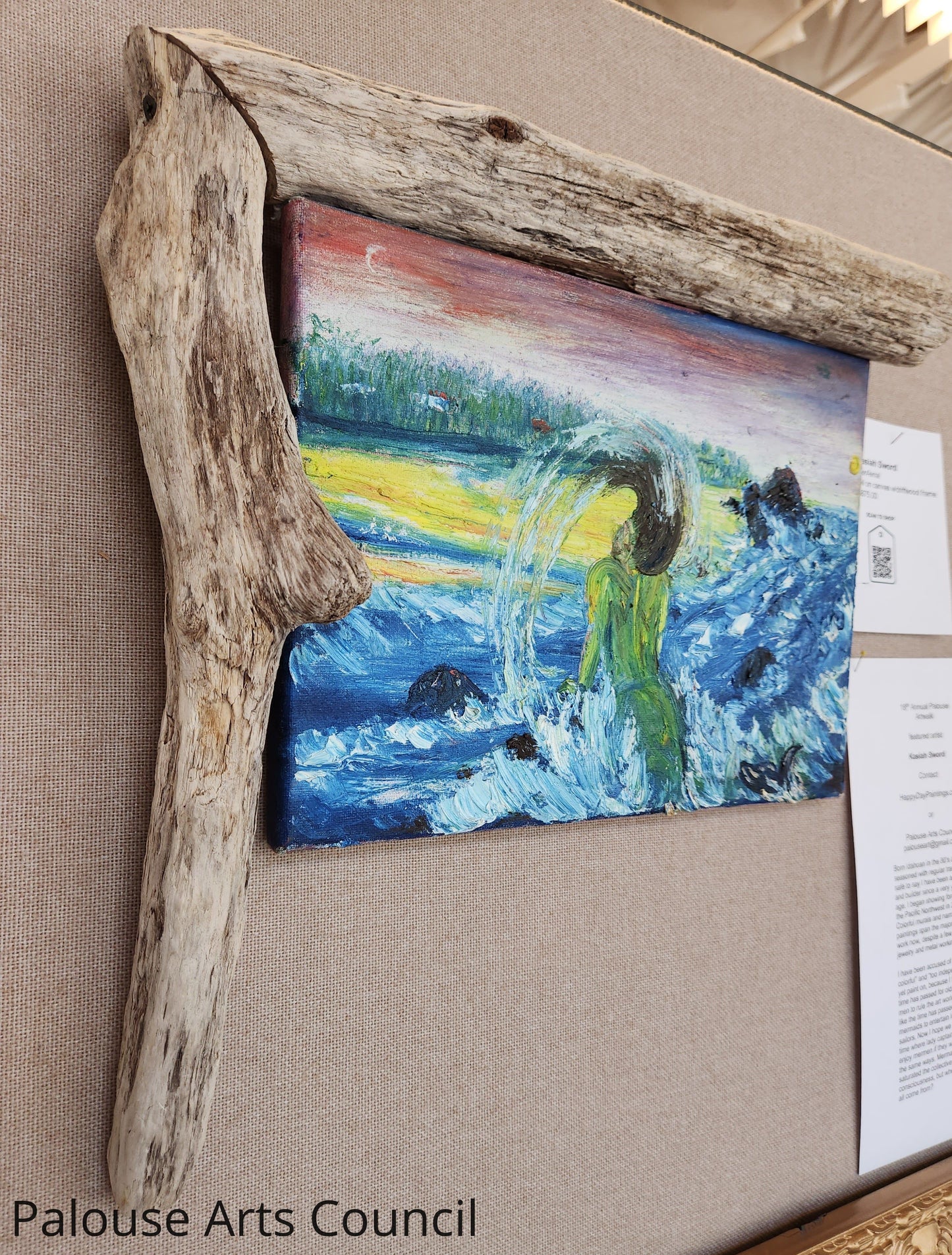 MerAerial - Kasiah Sword - Oil on canvas w/driftwood frame