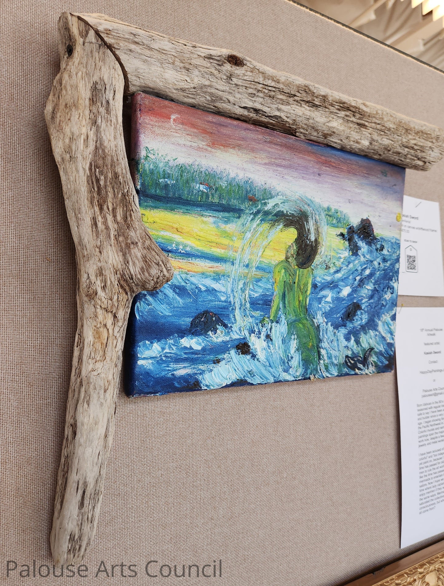 MerAerial - Kasiah Sword - Oil on canvas w/driftwood frame
