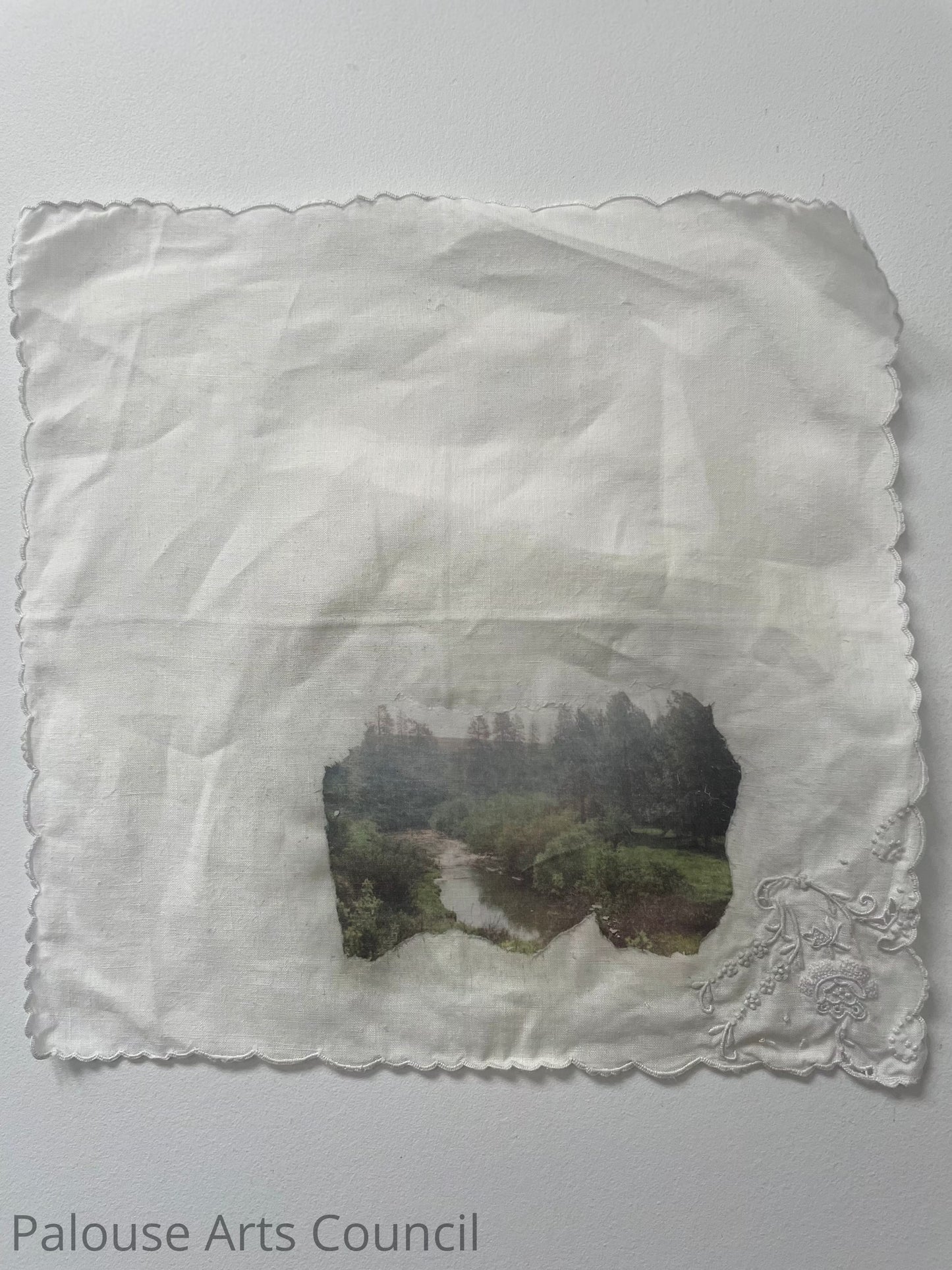 Linen cabinet dreams - Emily Akin - Found antique linens, acrylic medium, photographic transfer - NFS