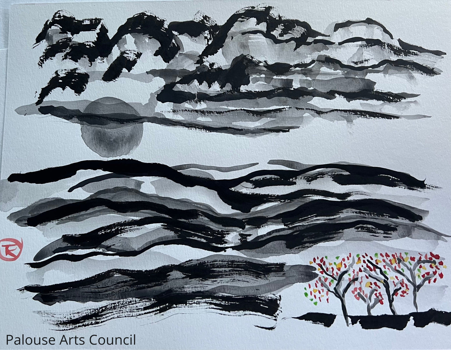 Palouse Hills with Flowering Shrubs #2 - Tina Ochs - Sumi Ink