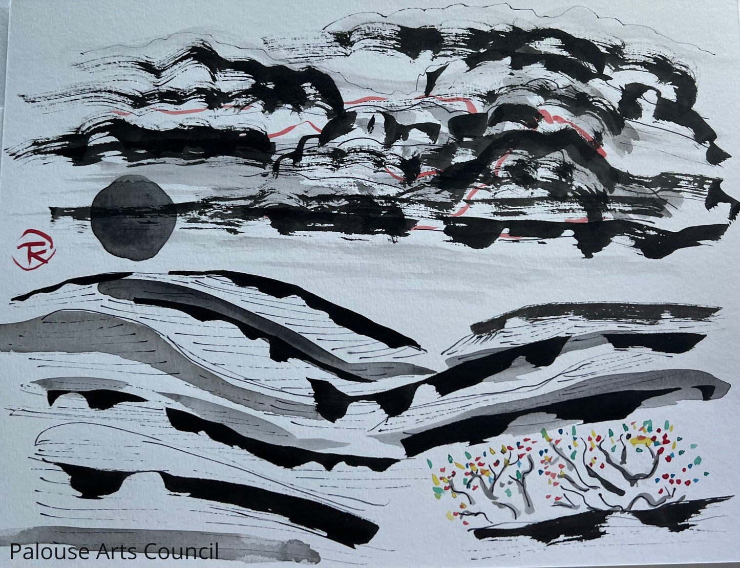 Palouse Hills with Flowering Shrubs #3 - Tina Ochs - Sumi Ink