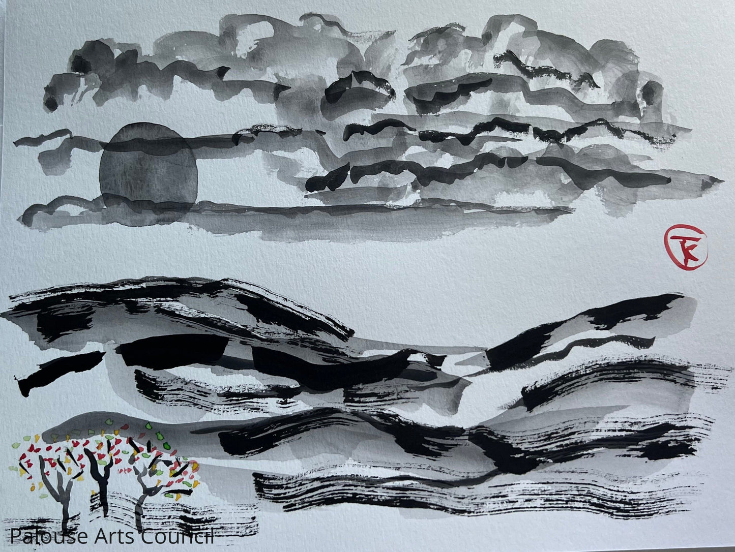 Palouse Hills with Flowering Shrubs #4 - Tina Ochs - Sumi Ink