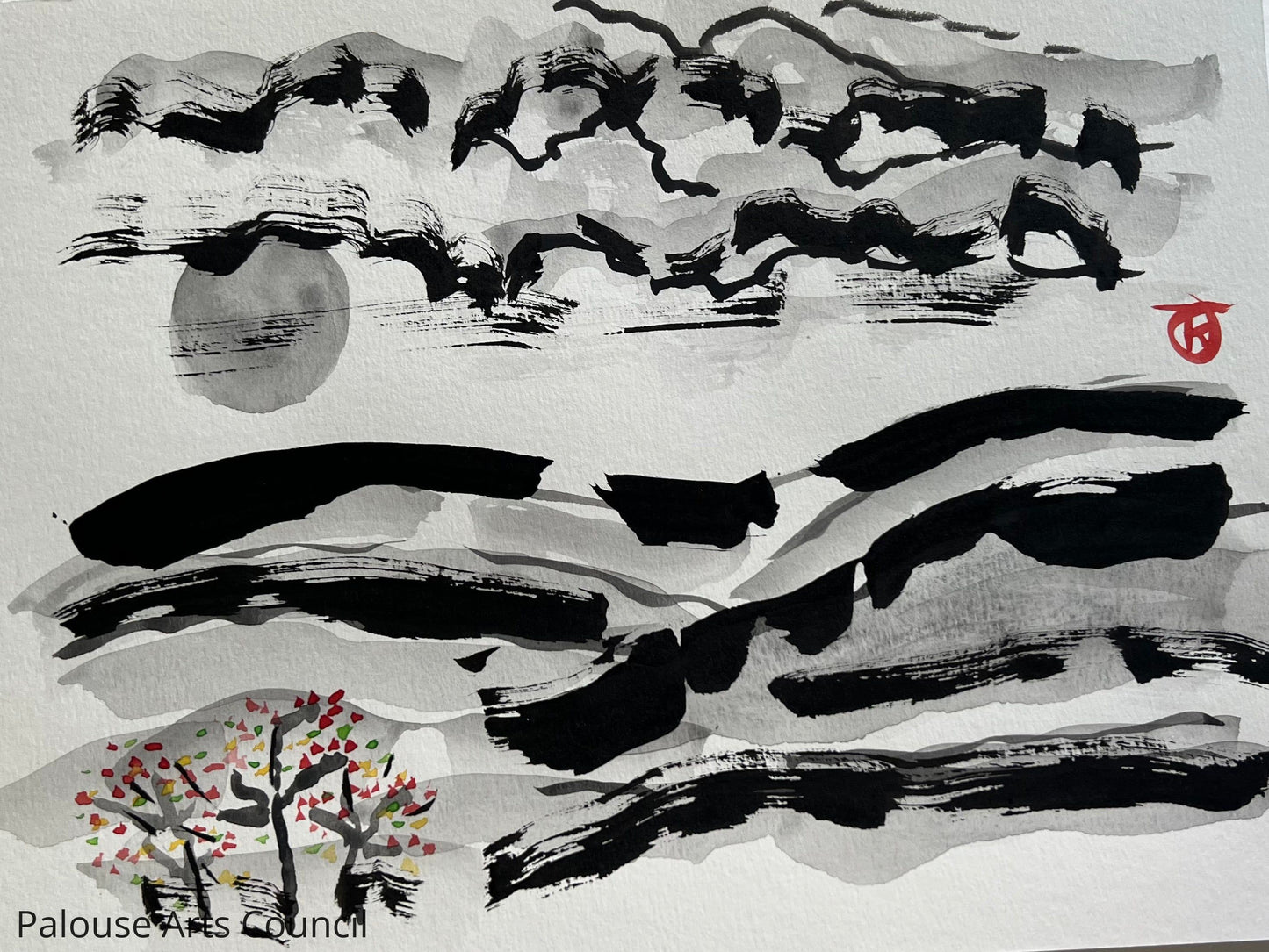 Palouse Hills with Flowering Shrubs #5 - Tina Ochs - Sumi Ink