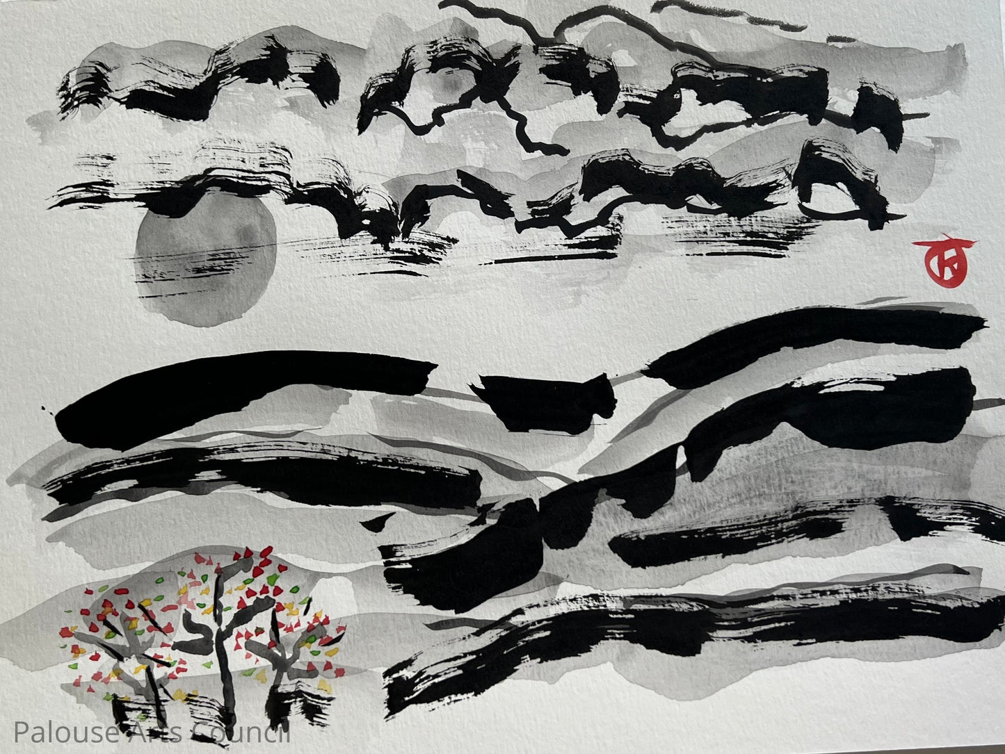 Palouse Hills with Flowering Shrubs #5 - Tina Ochs - Sumi Ink