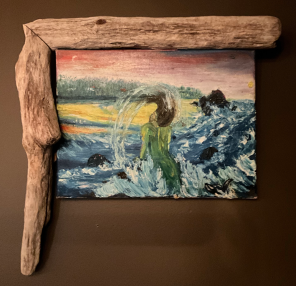 MerAerial - Kasiah Sword - Oil on canvas w/driftwood frame