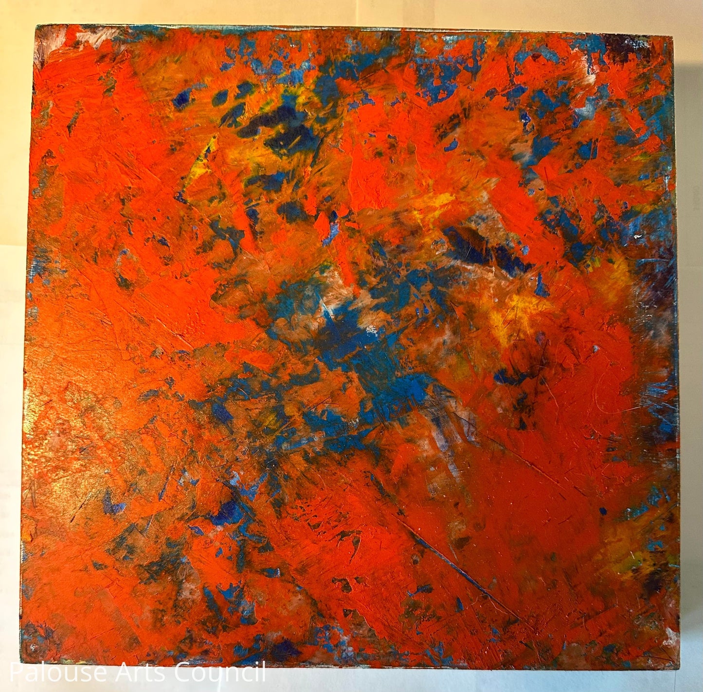 Orange on Blue - Karen Bender Peltier - Pastel oil stick on masonite board