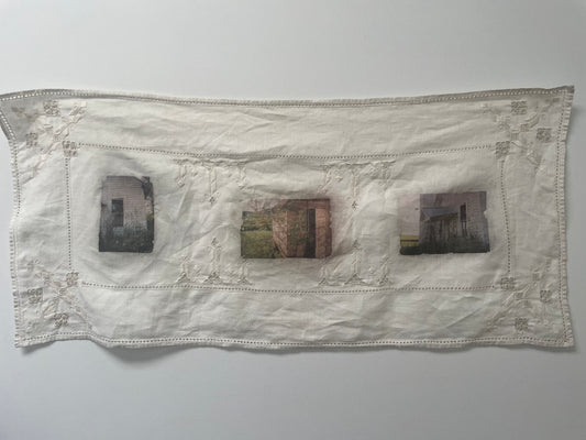 Linen cabinet dreams - Emily Akin - Found antique linens, acrylic medium, photographic transfer - NFS