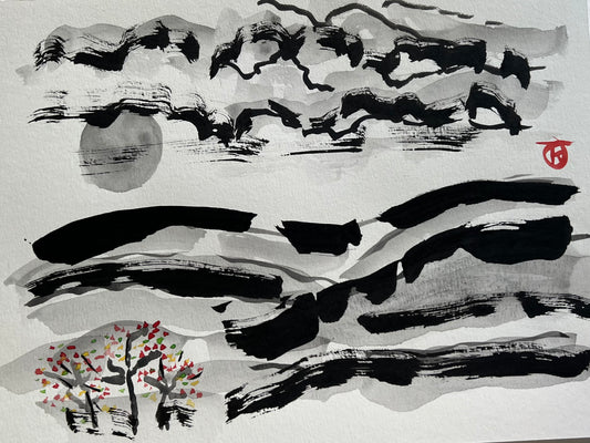 Palouse Hills with Flowering Shrubs #5 - Tina Ochs - Sumi Ink